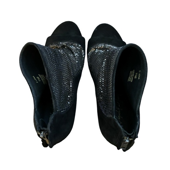 Elizabeth and James Black Suede Silver Metallic Peep Toe Heeled Booties Size 7.5 - Picture 6 of 9